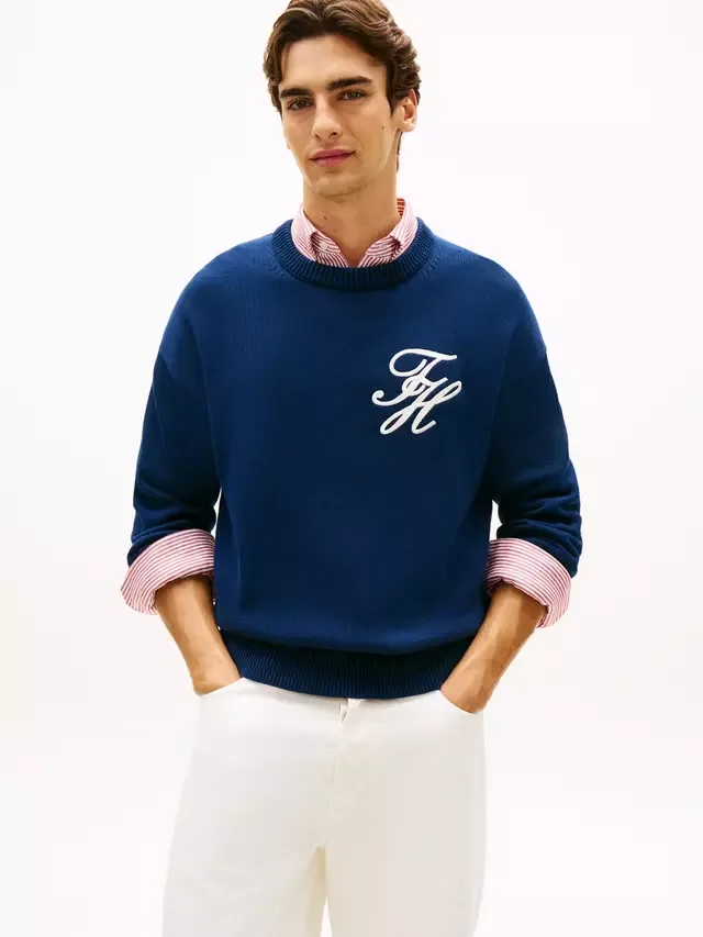 Твердый хлопковый джемпер с круглым вырезом, темно-синий Tommy Hilfiger