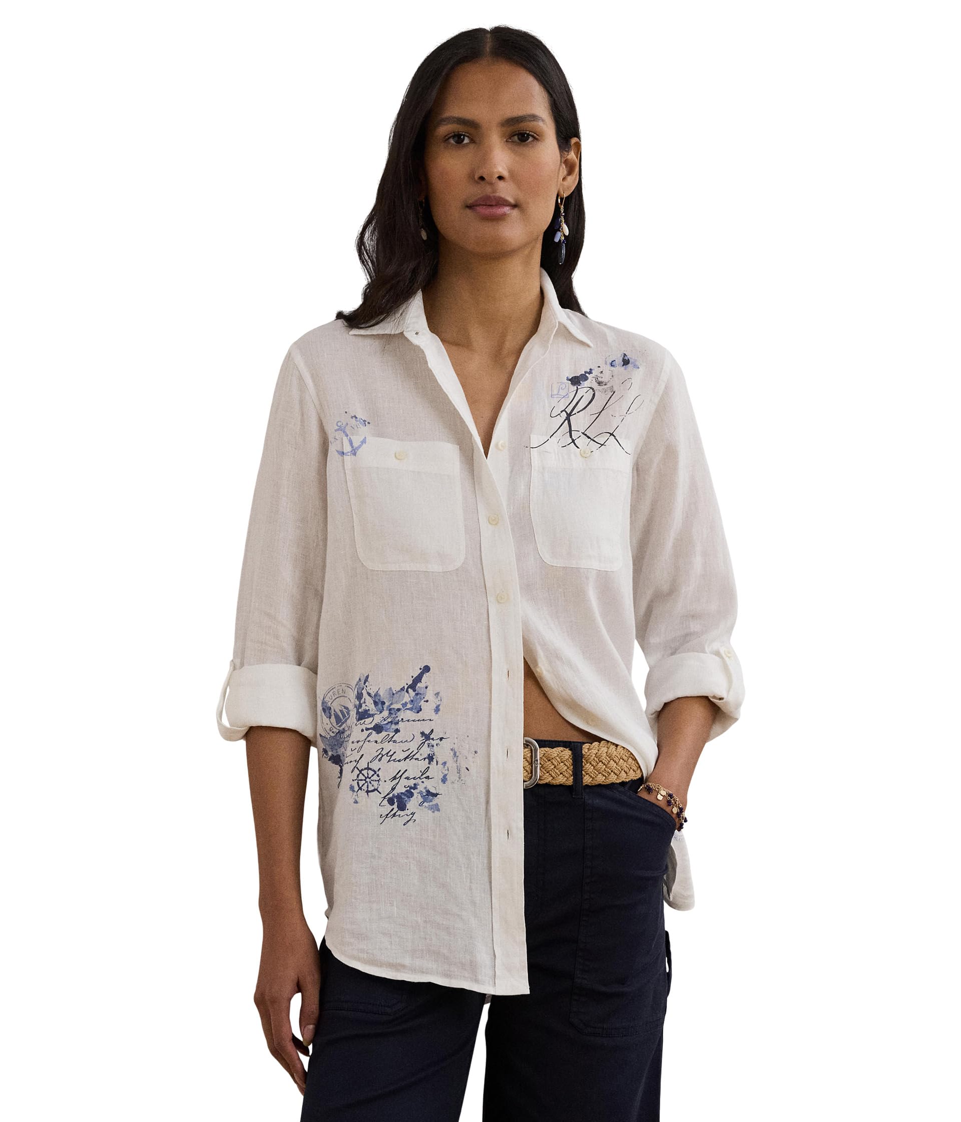 

Рубашка Lauren Ralph Lauren Relaxed Fit Print Roll-Tab Sleeve Shirt, белый