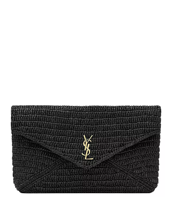 Большой клатч-конверт Cassandre из рафии Saint Laurent, черный