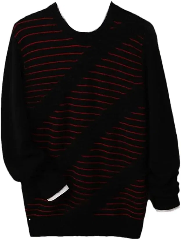 Мужской пуловер из 100% мериносовой шерсти в полоску с круглым вырезом, зимний повседневный джемпер с длинными рукавами, плотная футболка