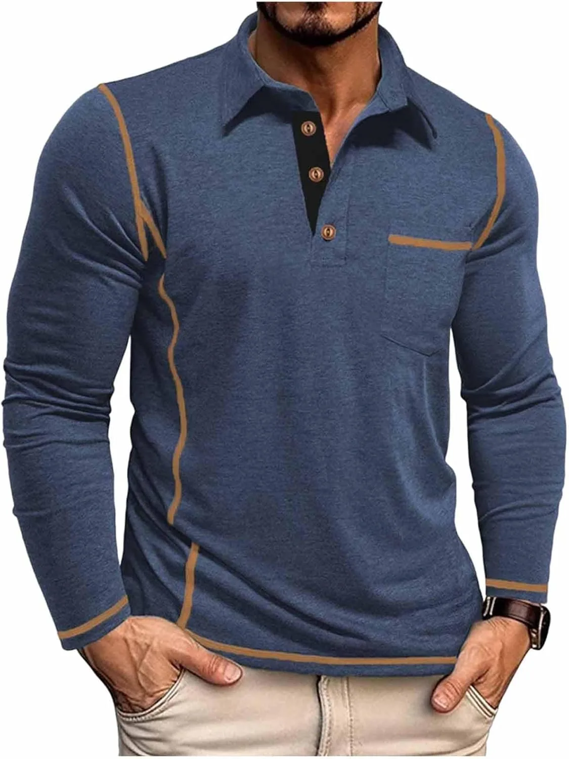 

Мужская повседневная футболка-поло Henley с длинным рукавом