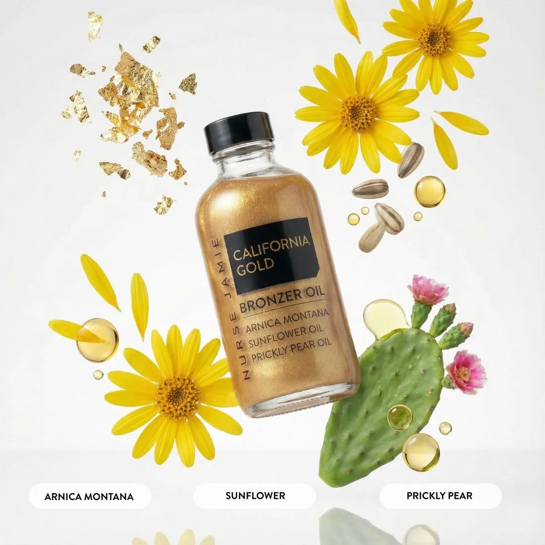 Nurse Jamie California Gold Bronzer Oil - Увлажняющее золотистое масло для лица и тела с подсолнечником и опунцией для сияющего блеска (30 мл) 113.40 г (1 шт.) — фото 2