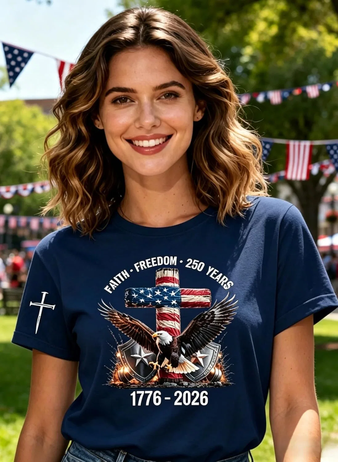 Блуза, USA 250th Anniversary, патриотическая, с орлом и флагом, темно-синий — фото 2