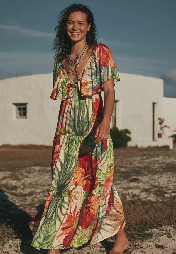 Платье макси Tall fit maxi puff sleeve dress Next, красный тропический — фото 2