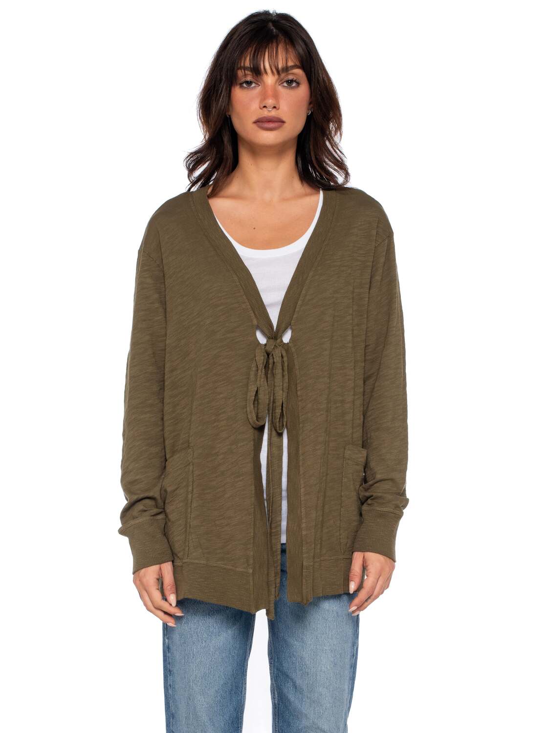 

Кардиган с длинным рукавом и завязками спереди из ребристой ткани Wilt, оливковый