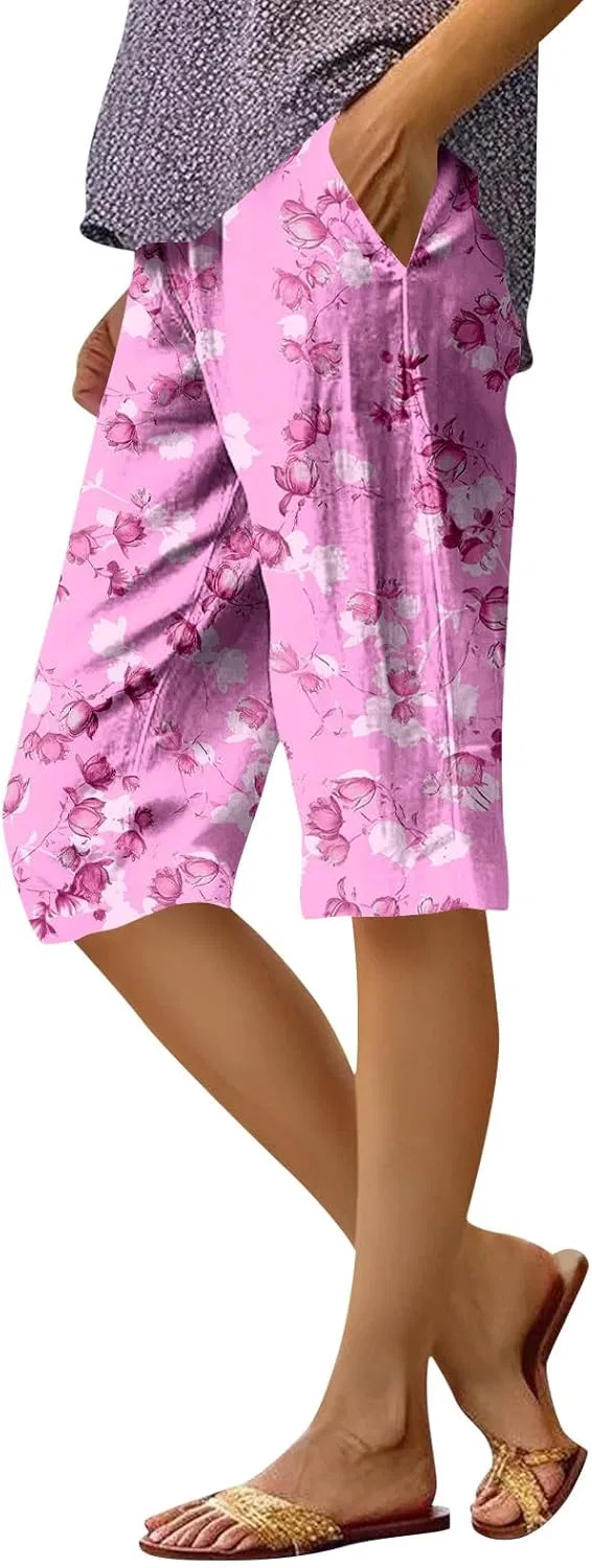 Шорты бермуды женские из хлопка и льна, свободные, высокой посадки, Oi359-light Pink