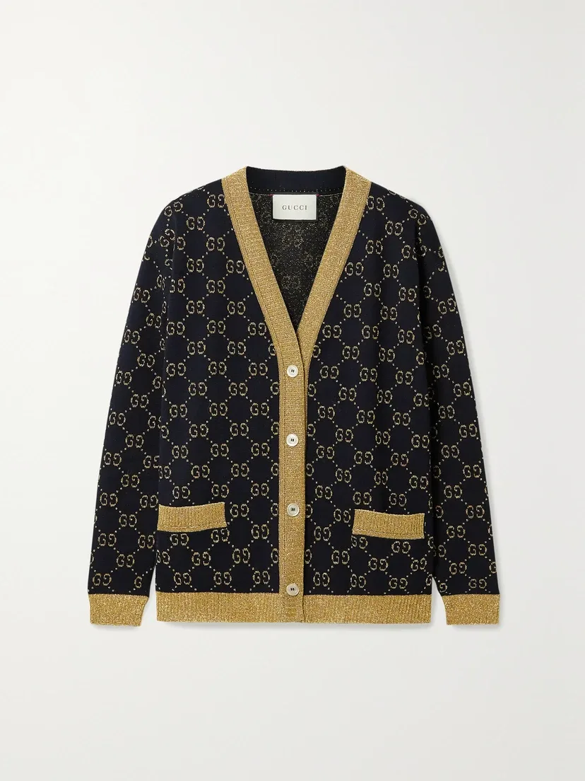 Кардиган GUCCI Кардиган из хлопкового смешанного трикотажа, с металлическим жаккардовым узором, синий