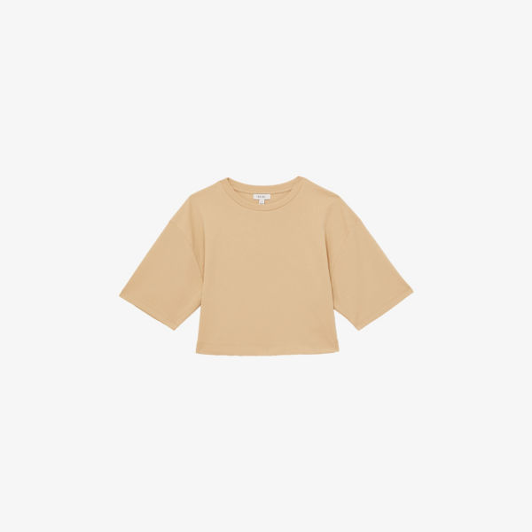 

Короткий укороченный футболка-бокс из стрейч-хлопка с круглым вырезом Reiss, желтый