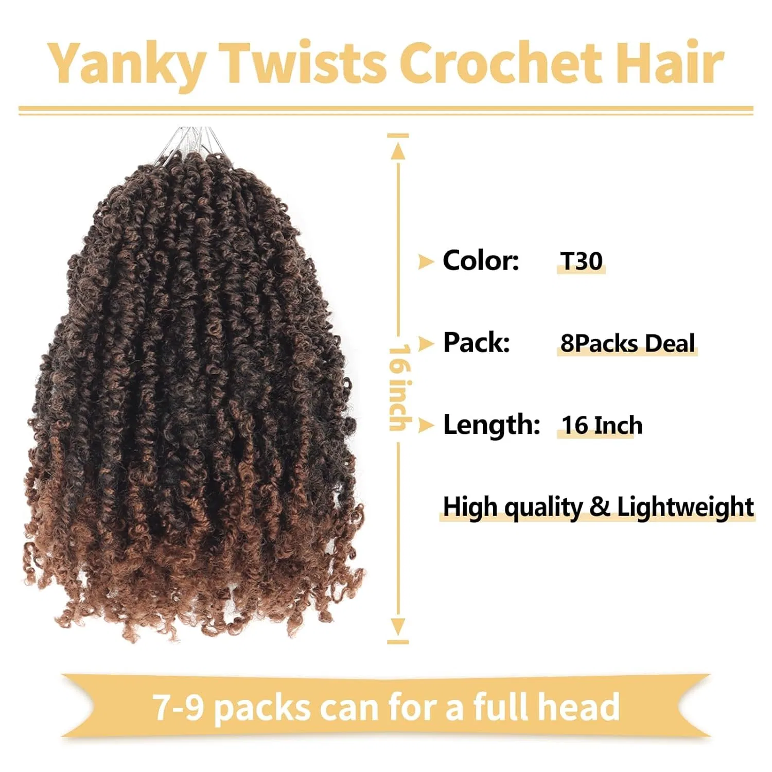 Искусственные волосы для плетения «Yanky Twist Crochet Hair» 16 дюймов, 8 упаковок Ainimiu, T30-Brown — фото 2