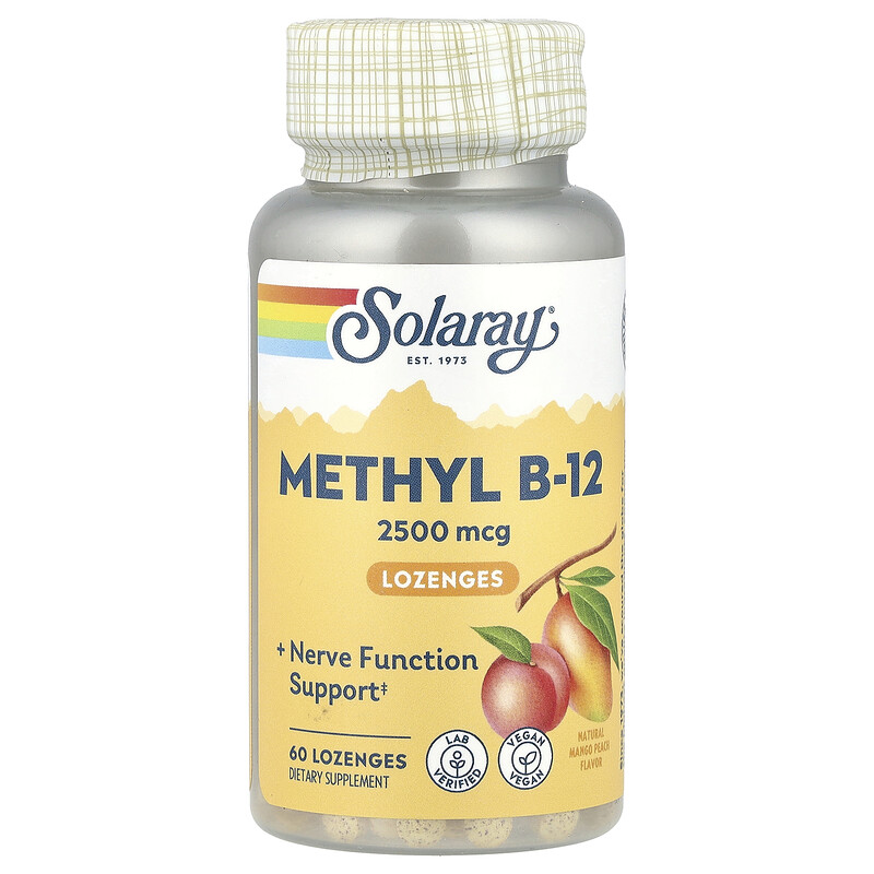 

Solaray, высокоэффективный метил B12, натуральные манго и персик, 2500 мкг, 60 леденцов