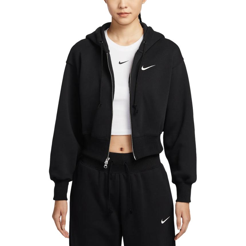 Nike Спортивная толстовка с капюшоном женская укороченная свободная на молнии, Black — фото 3