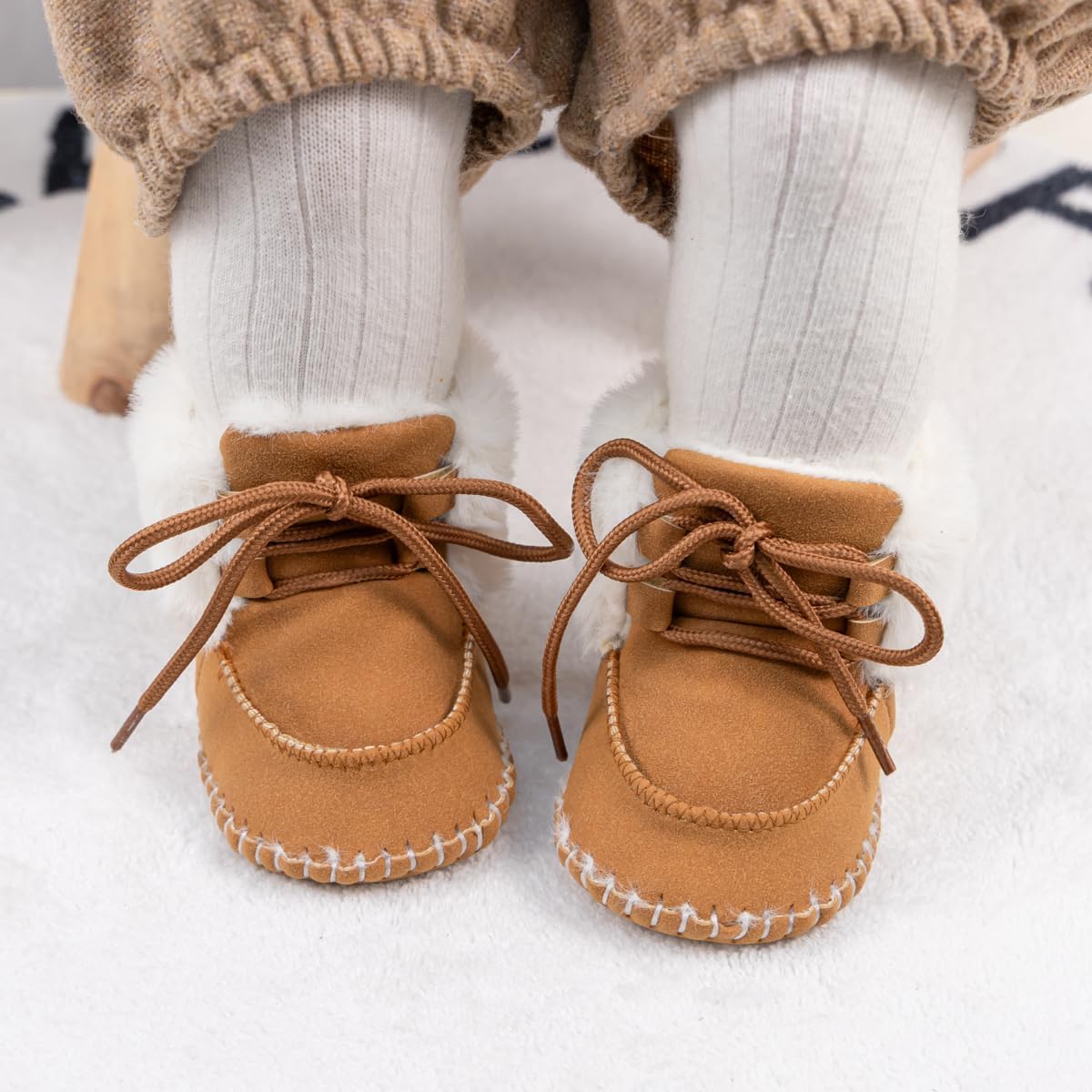 HsdsBebe Детские ботиночки на щиколотку для мальчиков и девочек, флисовые пинетки с противоскользящей резиновой подошвой, кроссовки для малышей, обувь для новорожденных для ходьбы и сна, C3421/Brown — фото 2