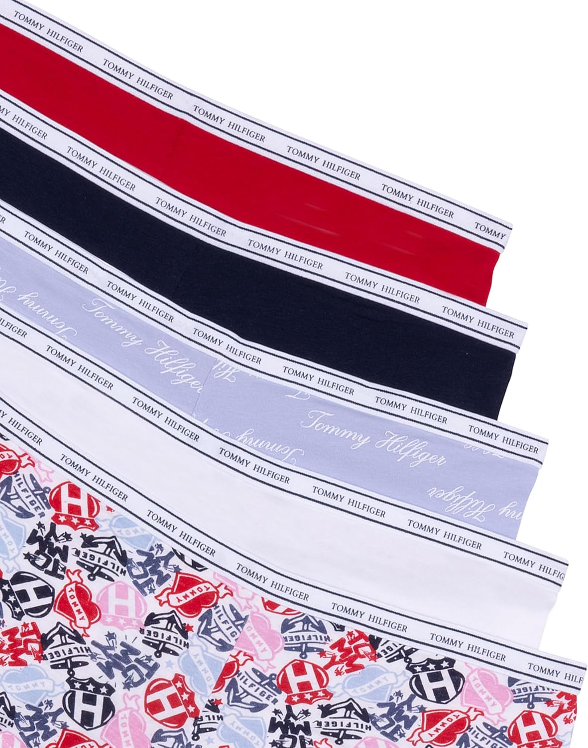 Женские классические хлопковые трусики-шорты Tommy Hilfiger с логотипом на поясе, упаковка 5 шт., Tattoo Elements Bright White/Bright White/Brunerra Blue Th Calligraphy/Heather Grey/Apple Red — фото 2
