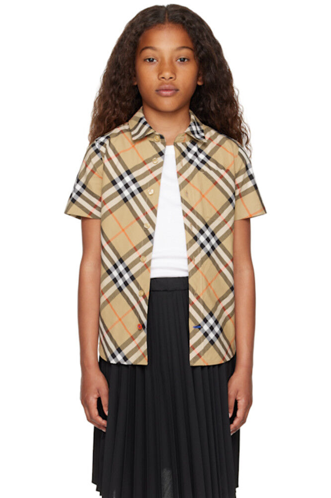 

Детская бежевая клетчатая хлопковая рубашка Burberry