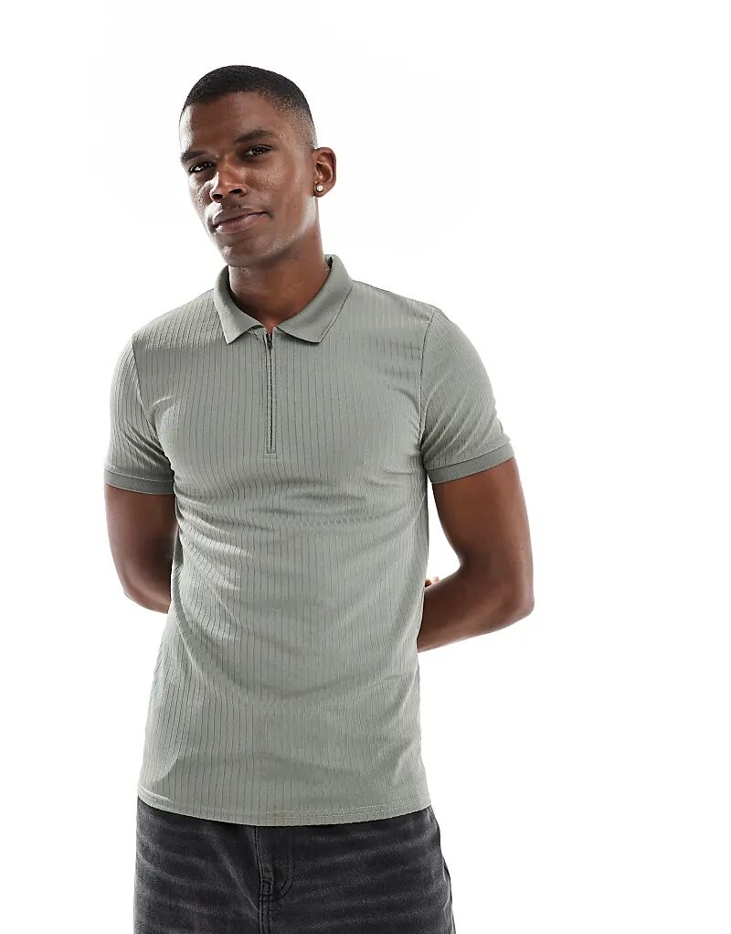 

Поло Muscle Fit Rib с молнией цвета хаки ASOS DESIGN