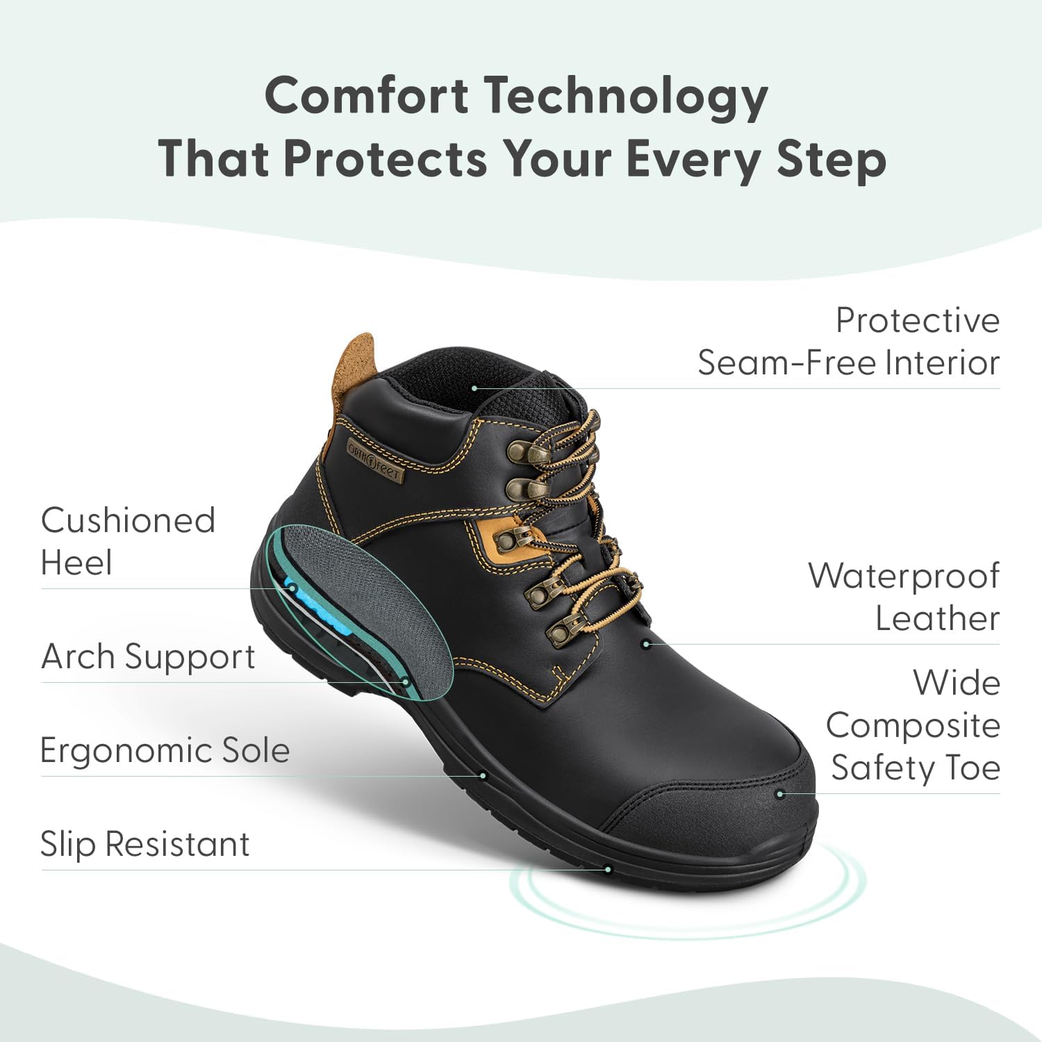 Мужские ортопедические кожаные водонепроницаемые ботинки Orthofeet Granite, черный — фото 3