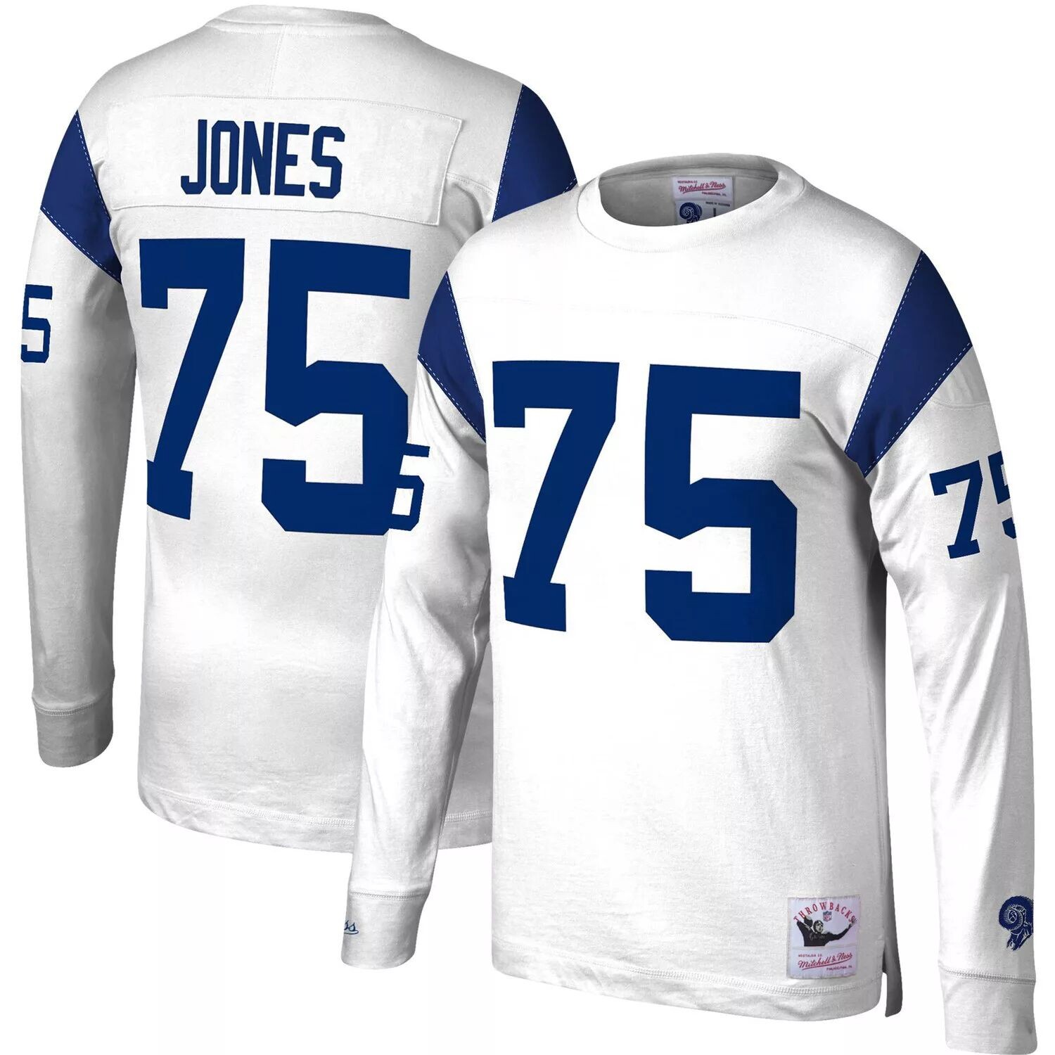 

Мужская футболка Mitchell & Ness Deacon Jones White Los Angeles Rams Throwback с именем и номером игрока в отставке с длинными рукавами