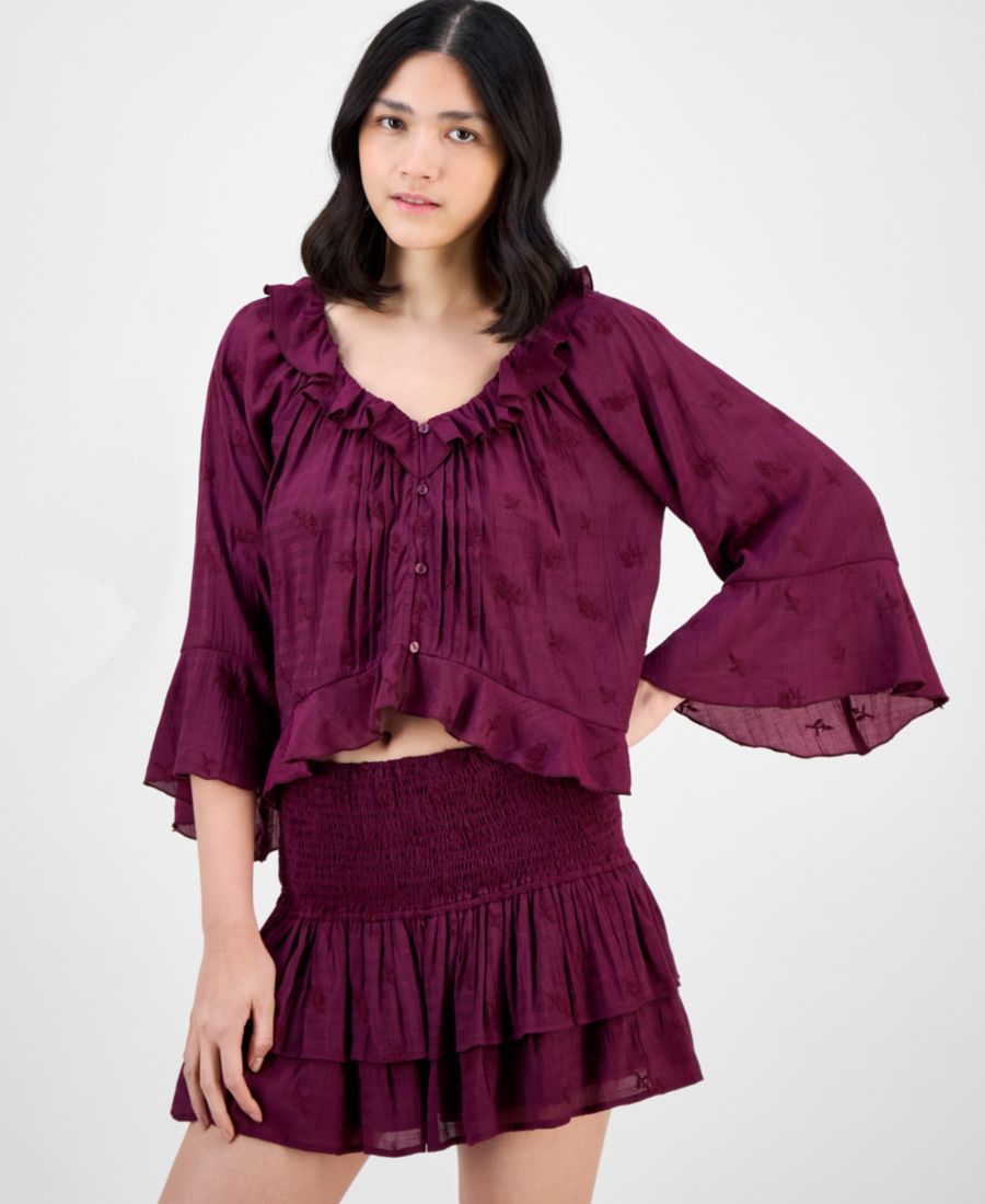 

Женская укороченная блузка с оборками, размеры P/XXS-4X And Now This, Deep Cranberry