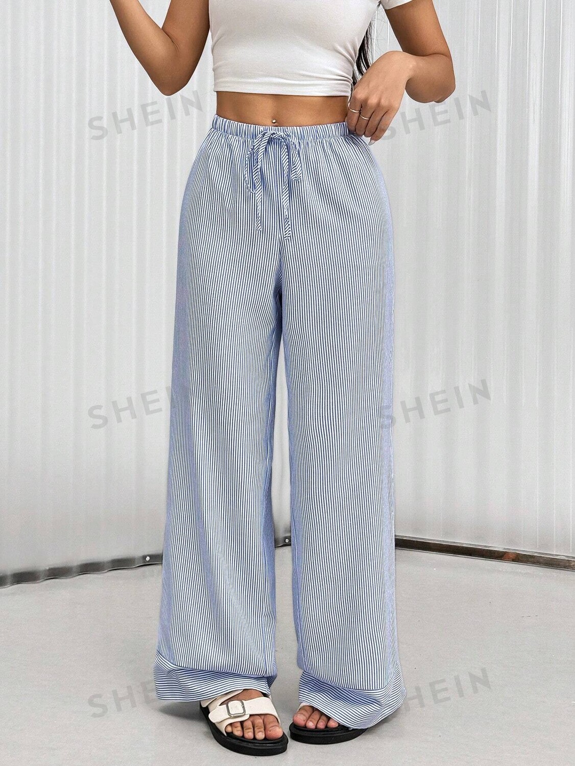 

EZwear Повседневные длинные брюки с полосатой кулиской на талии Shein, синий