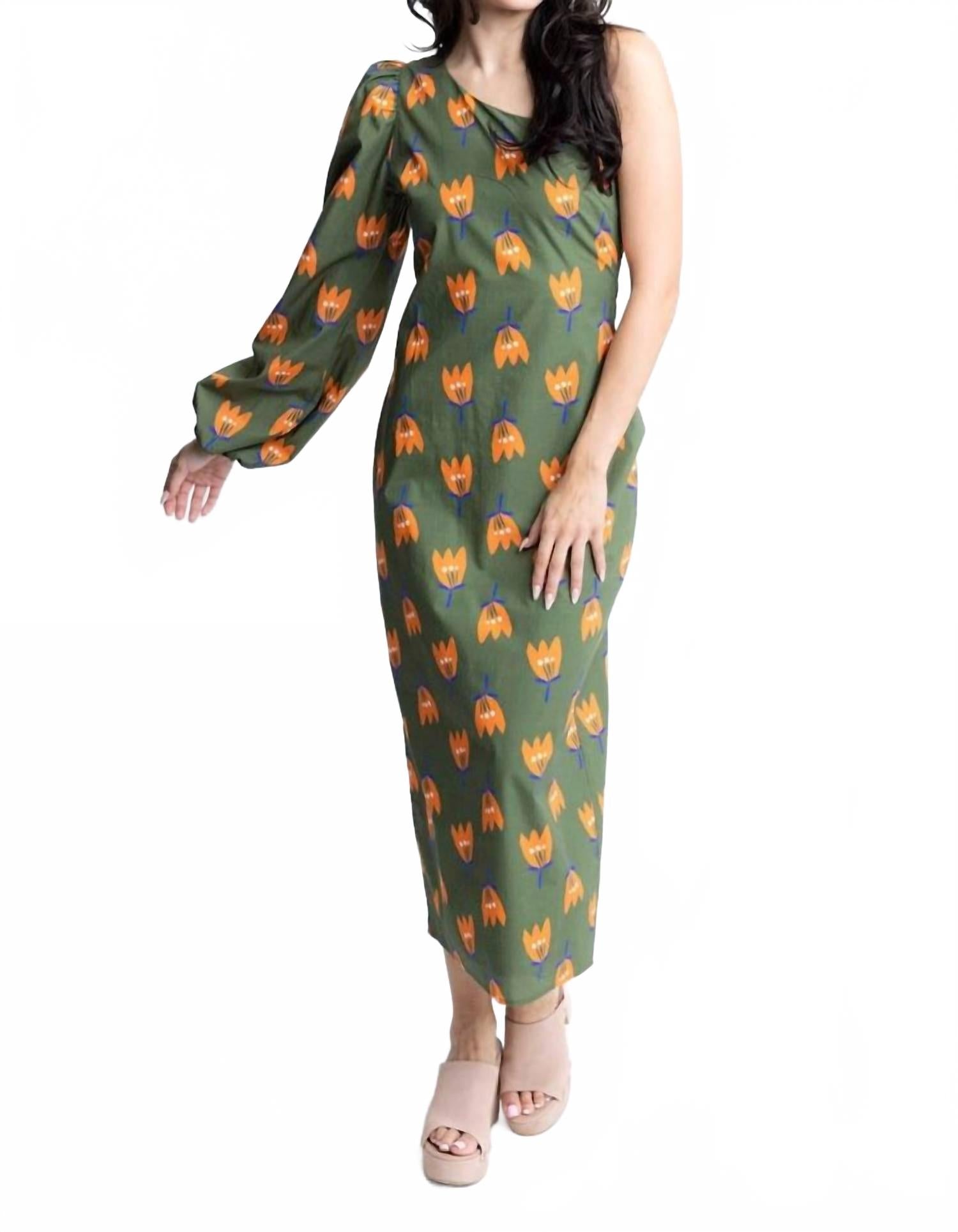 

Оливковое макси-платье с одним плечом Karlie