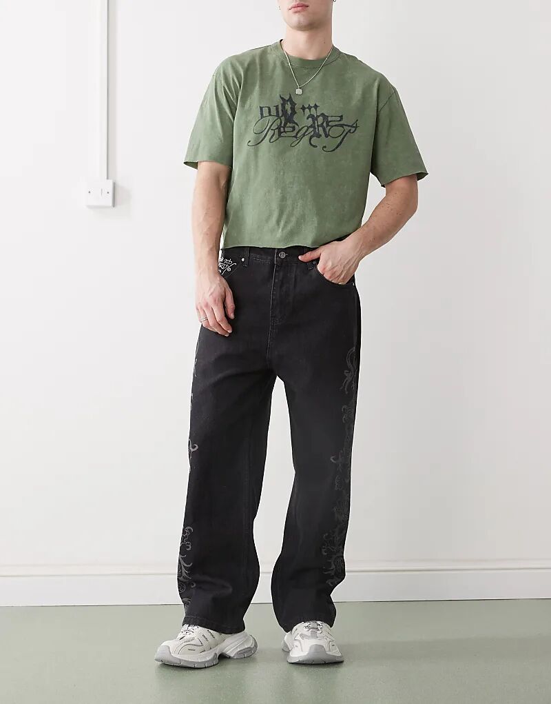 

Джинсовые брюки с лазерной гравировкой дракона черного цвета Ed Hardy