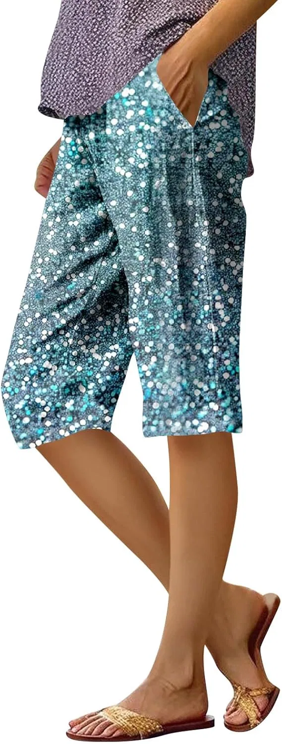 Шорты бермуды женские, Cotton Linen, Wide Leg, Oi335-cyan