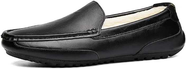 Лоферы кожаные Mens Loafers Shoe Round Toe Leather Solid Color Lined Loafer Shoes Flat Heel Slip Resistant Anti-Slip Fashion Casual Slip-ons, Черный PUGHGAETZF