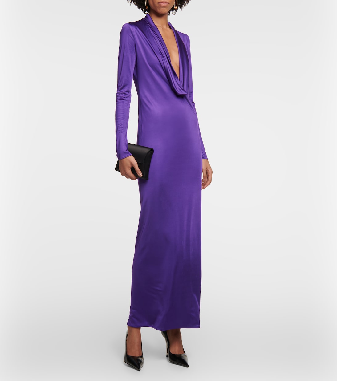 Платье из атласа с драпировкой и воротником-хомутиком Versace, Bright Dark Orchid — фото 2