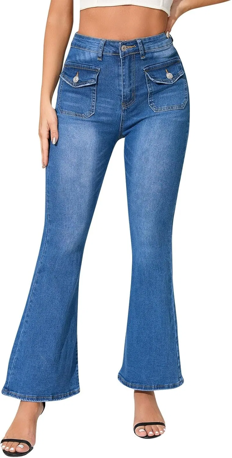 Джинсы клеш, синие, Women's Mid Waist Bell Bottom Stretchy Flare Jeans Pants