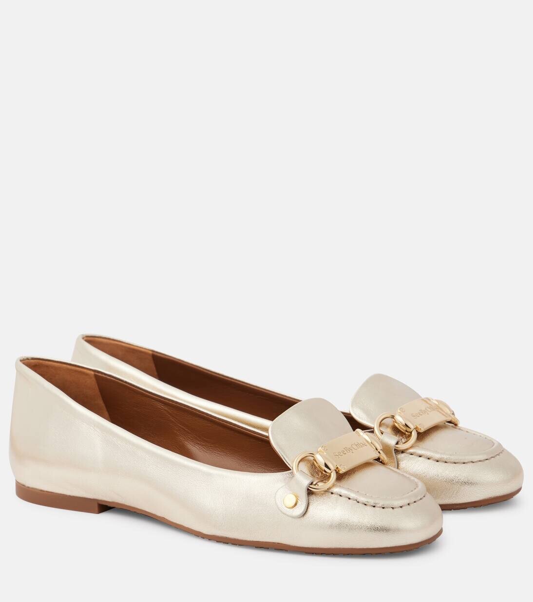 Фирменные балетки из металлизированной кожи See By Chloé, цвет light gold