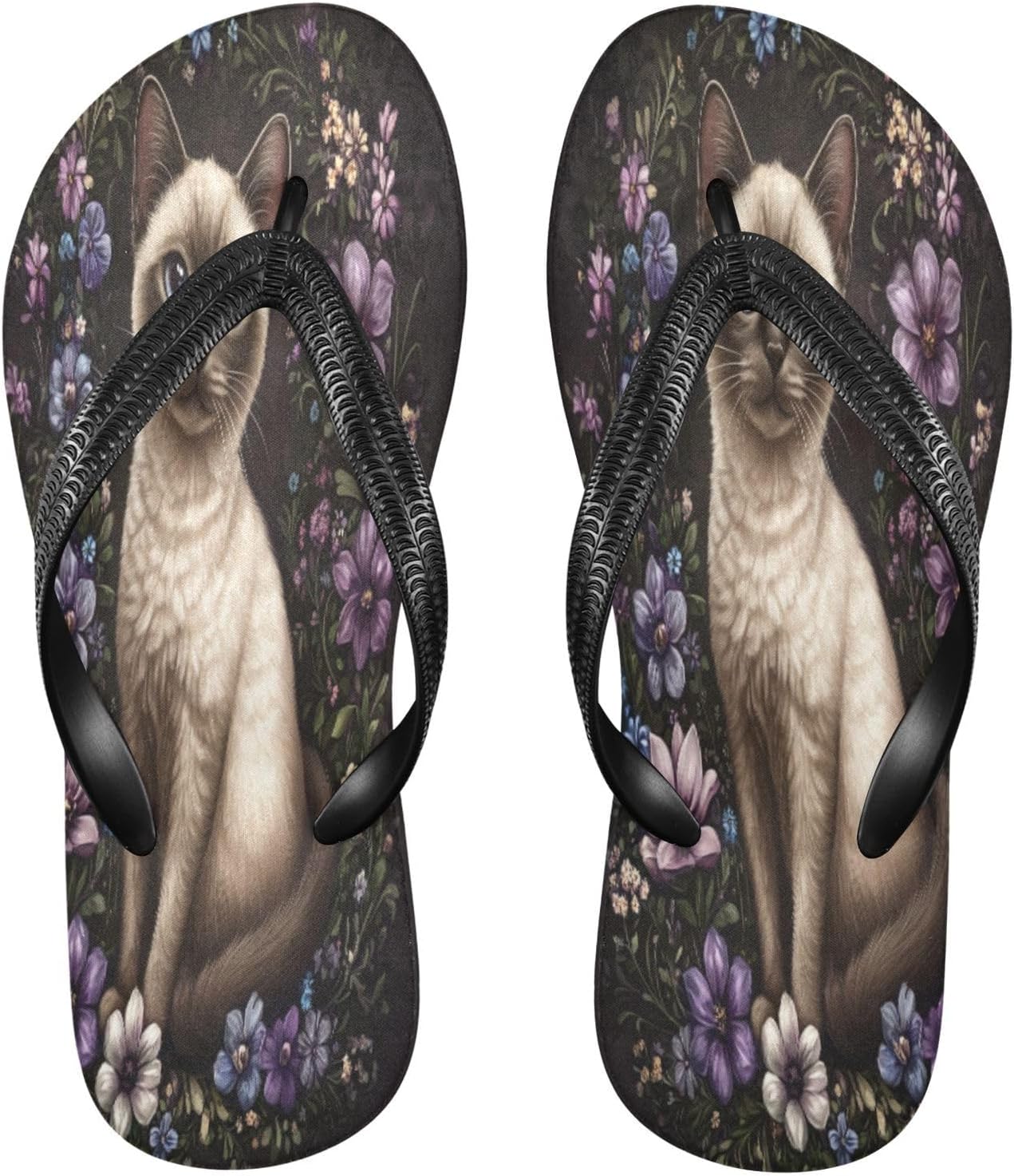 

Вьетнамки с кошкой и цветочным венком, черные пляжные шлепанцы для душа, резиновые, противоскользящие, летние тапочки для ходьбы, для женщин и мужчин Sinestour