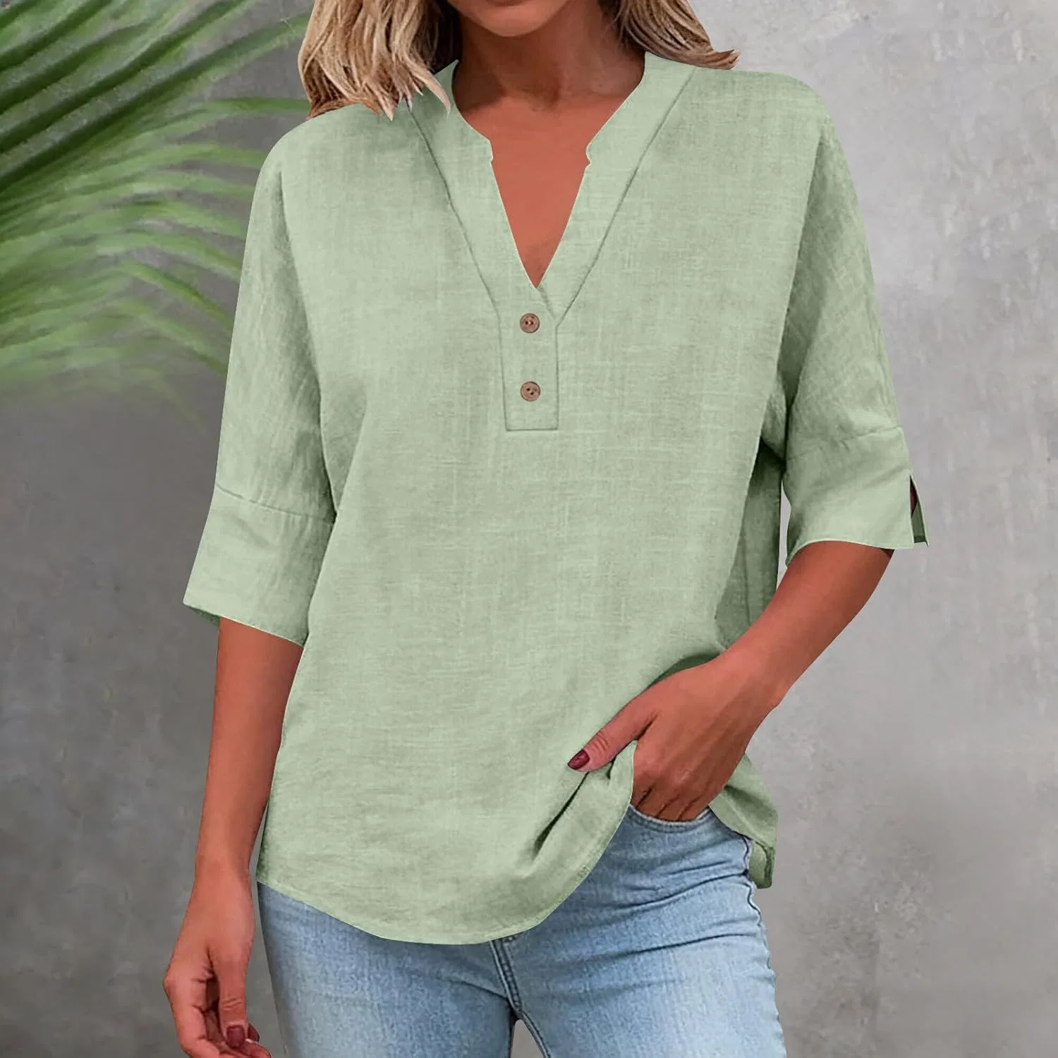 Женская блуза с V-образным вырезом, Cotton Linen, на пуговицах, Green — фото 2