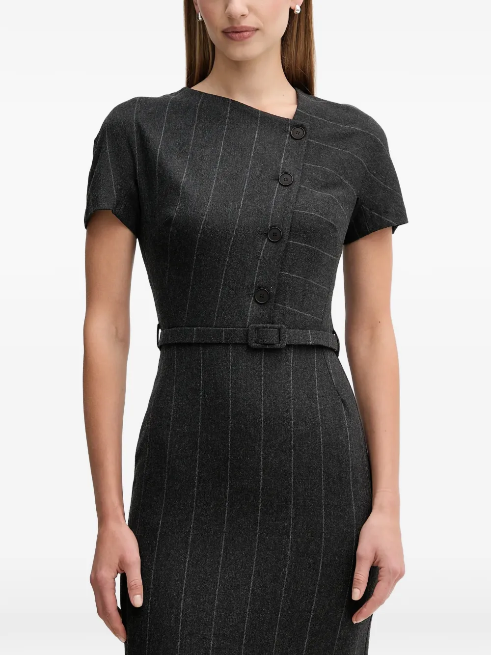 

Платье миди с поясом и в полоску (в тонкую полоску) Sandro Ferrone, серый