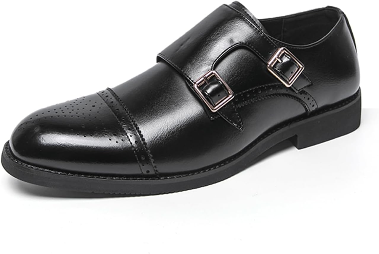 

Мужские ретро туфли-лоферы с ремешком-монах из кожи, с круглым носком, декоративной перфорацией, двойной пряжкой и низким каблуком, классические туфли для бизнеса, свадьбы, вечеринки, работы и офиса Tengfeifly, черный