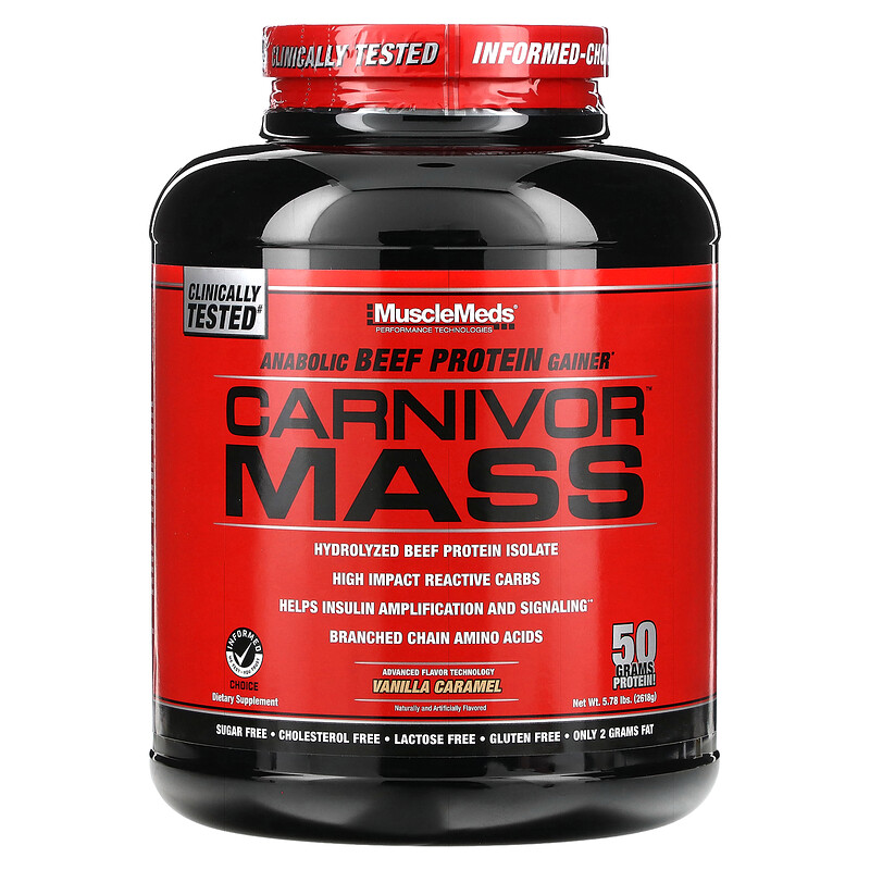 

MuscleMeds, Carnivor Mass, ускоряющее обменные процессы говяжье белковое средство для набора массы, ваниль и карамель, 5,93 фунтов (2688 г)