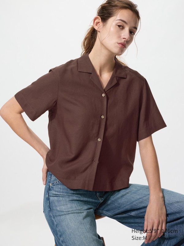 

Рубашка из смесового льна с открытым воротником, короткий рукав Uniqlo, 37 brown