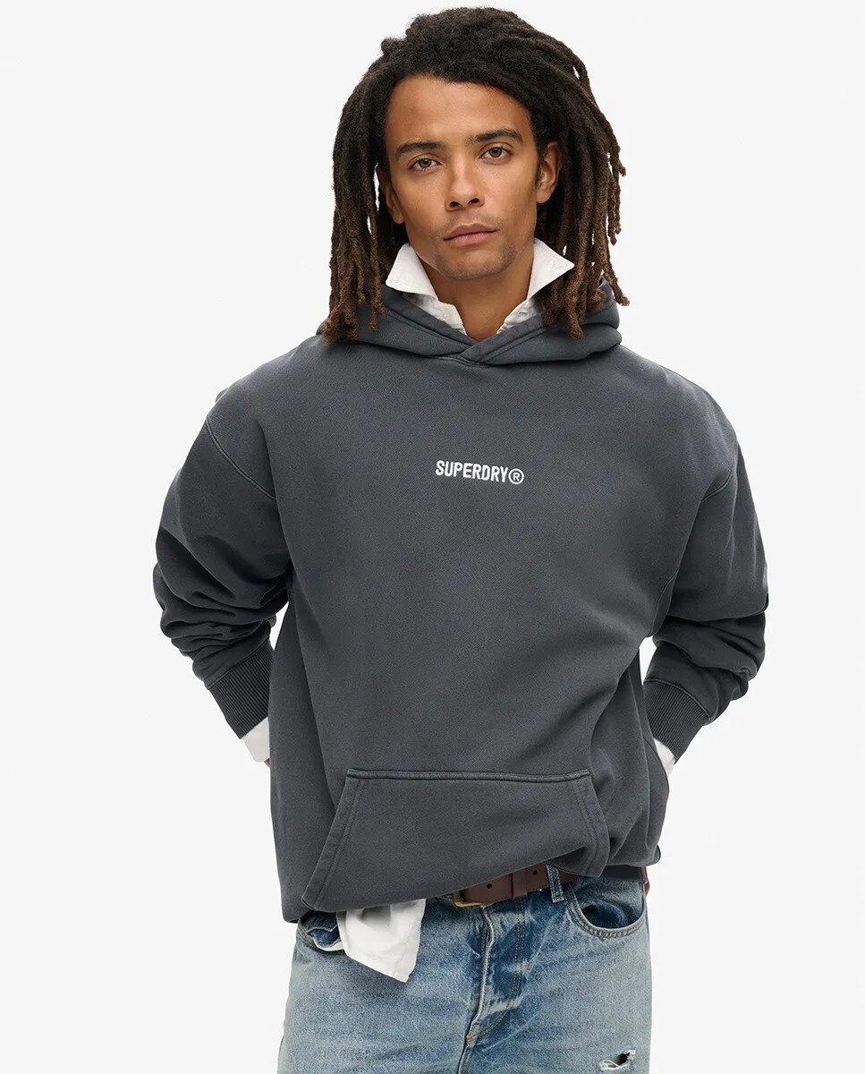 

Свободная толстовка с капюшоном и принтом микрологотипа Superdry, темно-серый