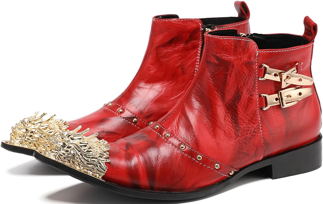 

Мужские ботинки Chelsea Santimon - настоящая кожаная западная обувь с металлическим носком-виингтип, молнией и пряжками - платьевые и повседневные ботинки для вечеринки, дискотеки, свадьбы, выпускного и выступлений, красный