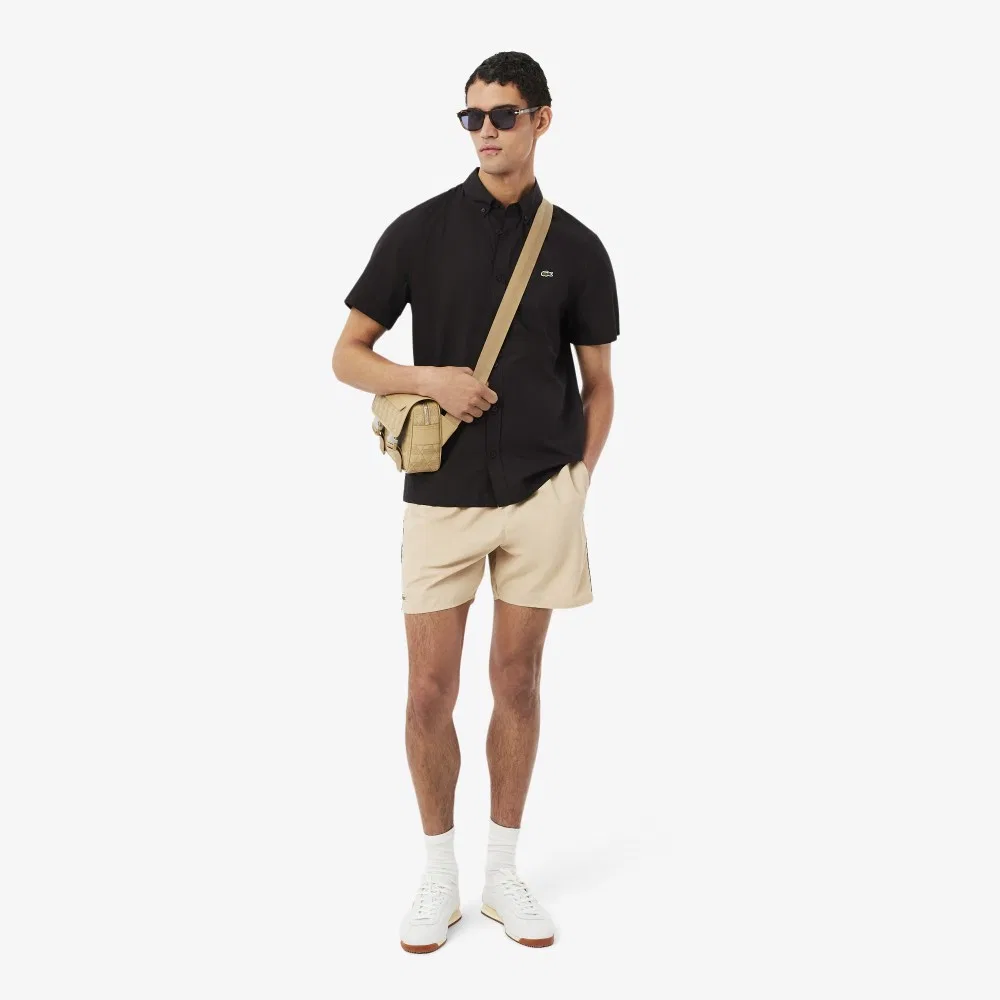 Мужская рубашка из лёгкого поплина с коротким рукавом, коричневая, от Lacoste — фото 4