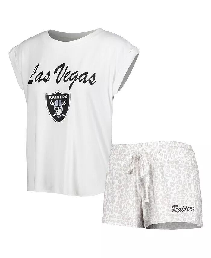 

Женский комплект для сна из белой и кремовой трикотажной футболки и шорт Las Vegas Raiders Montana Concepts Sport