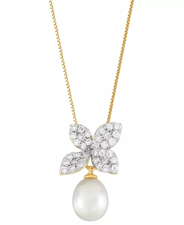 

Ожерелье с подвеской в виде цветка длиной 18 дюймов из 14-каратного золота с культивированным пресноводным жемчугом овальной формы (7–7,5 мм) и выращенным в лаборатории бриллиантом (1,5 карата). Grown With Love, gold