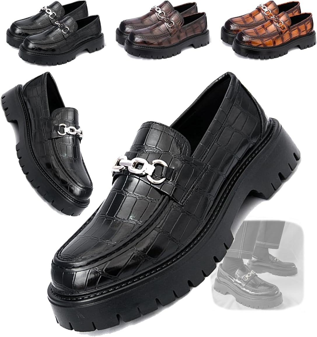 

Мужские лоферы на платформе с цепочкой из лакированной кожи, модный круглый носок, классические туфли, удобная противоскользящая платформа, идеально подходят для деловых встреч, официальных мероприятий, выпускных и повседневной носки Generic, че...
