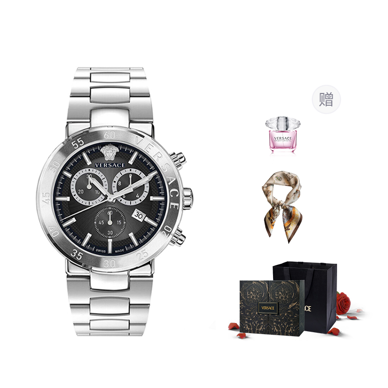 

VERSACE Часы Wrist Watch Quartz Movement Stainless Steel Watchband 43 Black Dial Men's Watch Purple Rose Box+Silk Scarf, Black Silver