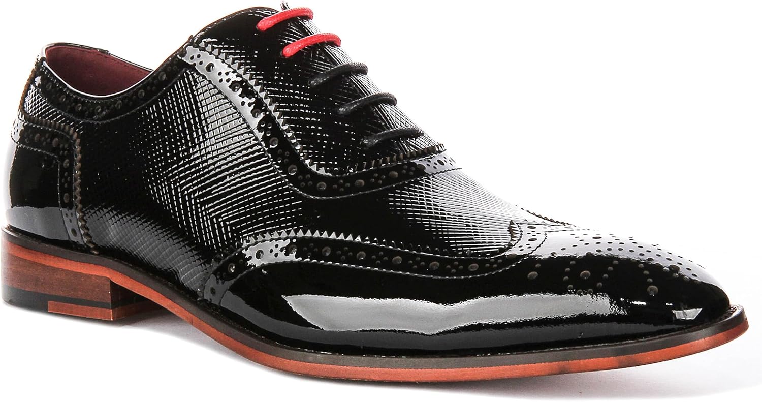 

Мужские кожаные броги JustinReess England Flynn с блестящим узором, черный лак, премиальные оксфорды