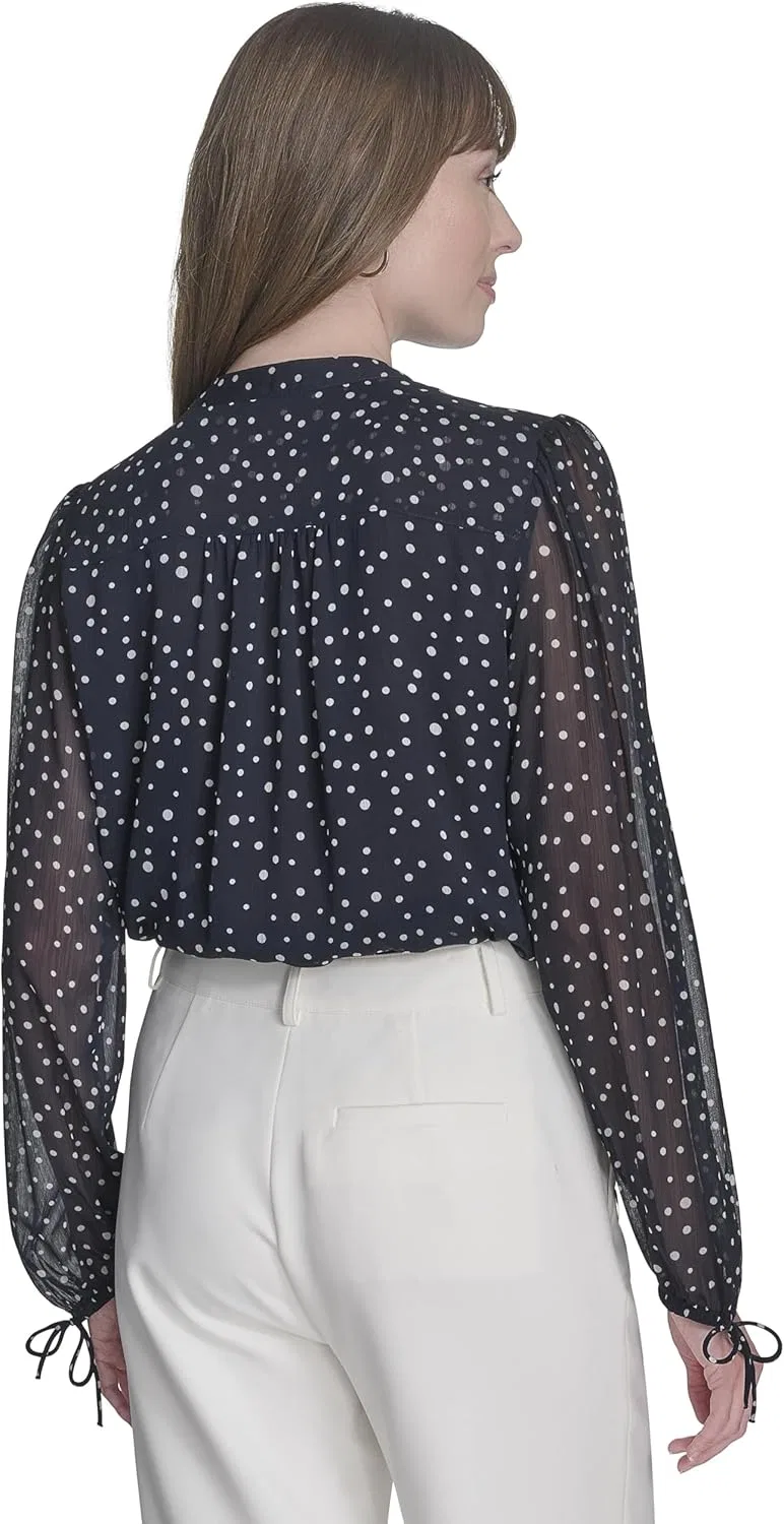 Блуза с принтом в горошек Long Sleeve Dot Print Tie Neck Blouse, Tommy Hilfiger, темно-синий/слоновая кость — фото 3