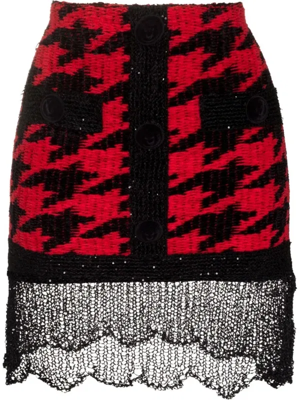 Вязаная мини-юбка в клетку «гусиная лапка» Balmain, красный