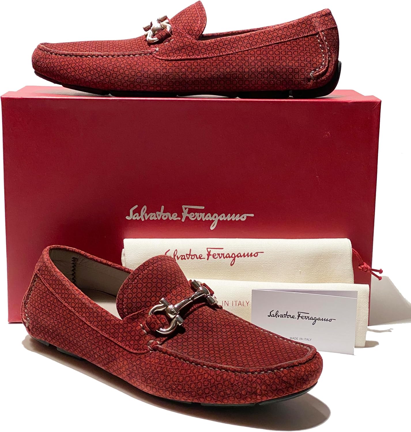 Мужские замшевые лоферы-водители Ferragamo Gancini Bit Red Parigi 17 коричневого цвета (Salvatore) — фото 2