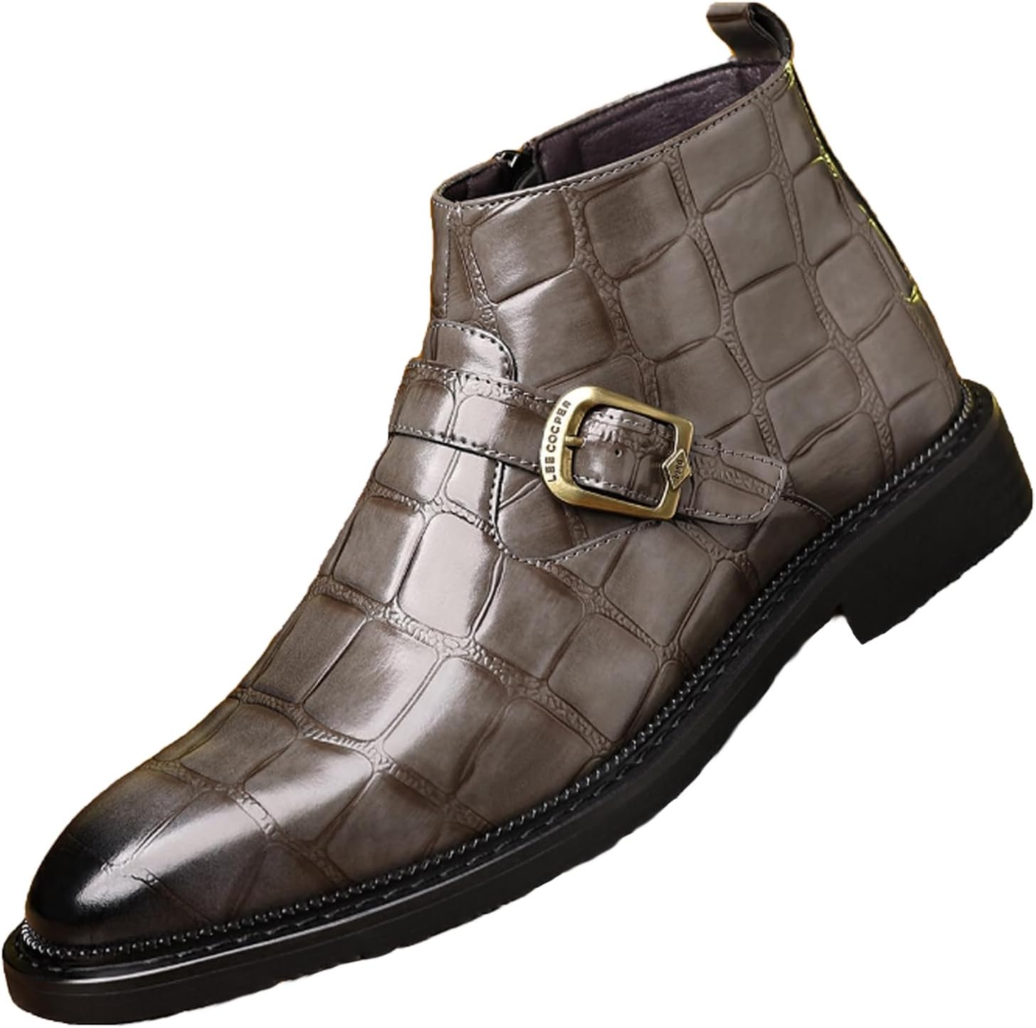 

Мужские кожаные челси с принтом и монк-застежкой, ботинки на пряжке без шнуровки с боковой молнией, модные с заостренным носком, классические бизнес-ботинки чука для повседневной носки, работы, вечеринок, оксфорды Enoegmsd, серый