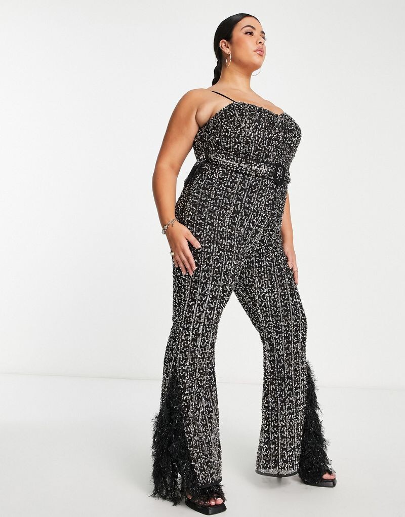 

Черный комбинезон с поясом и отделкой из искусственных перьев ASOS LUXE Curve