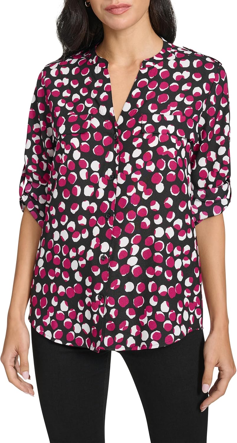 

Женская блузка Calvin Klein с длинным рукавом, отложным воротником и пуговицами спереди, Blk/Mulbry